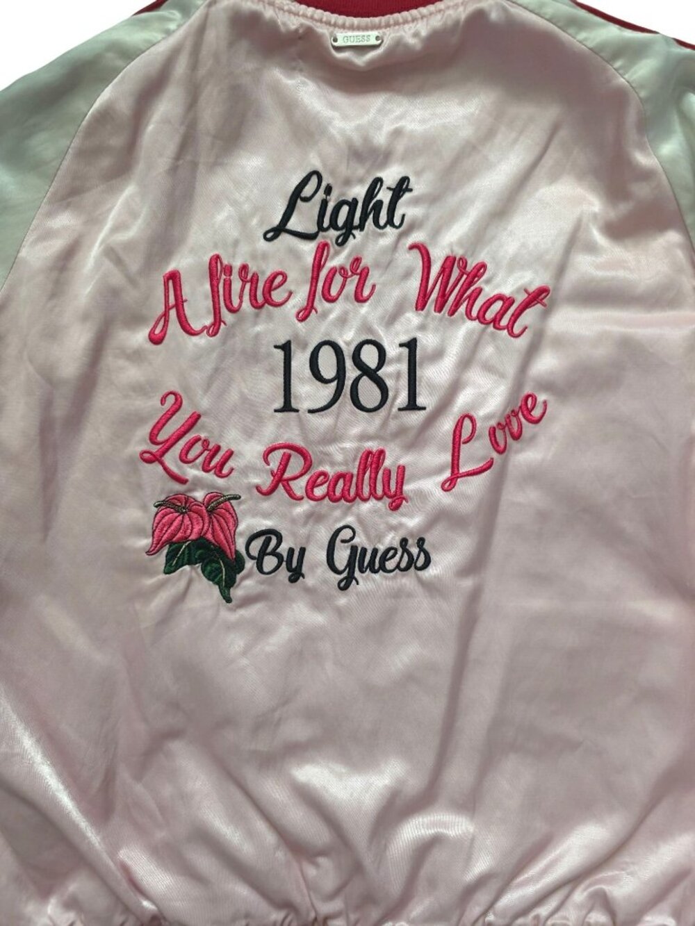 Guess Shirley Reversible Embroidered Tiger & Flamingo Satin Bomber Jacket Sz M - Picture 8 of 14